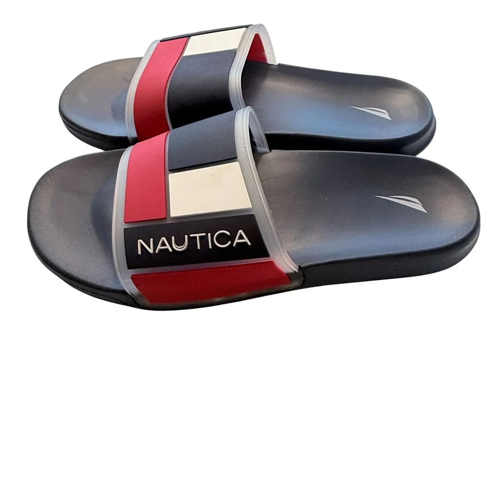 Nautica Mens Slide Sandals Navy Blue Red White Colorblock Comfort Slides Size 10